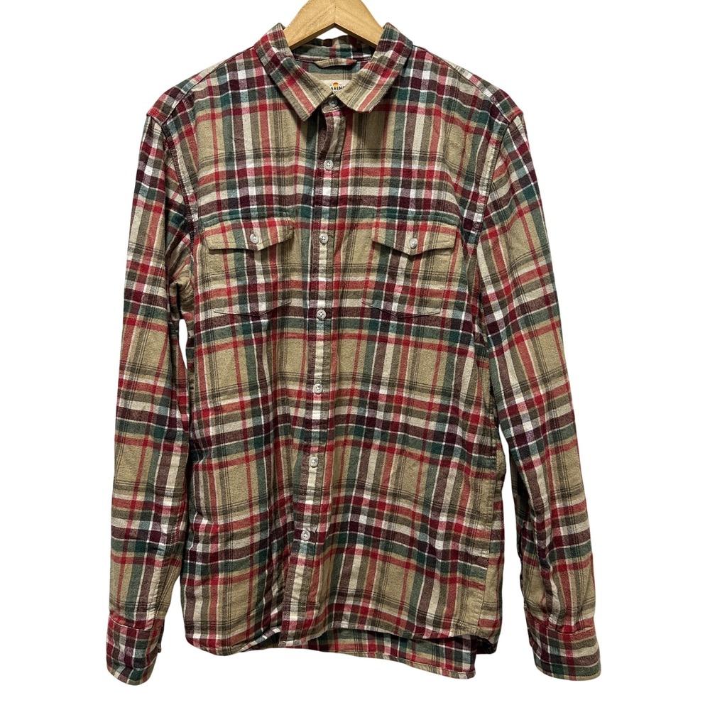 Marine Layer Flannel Shirt Mens Large Tan Red Green Plaid Long Sleeve Cotton